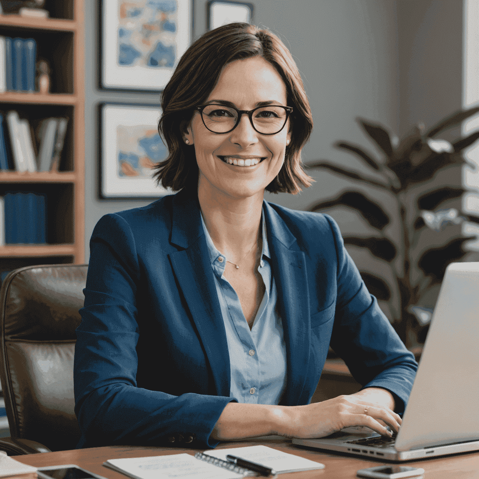 Portrait of Sarah Thompson, a woman in her early 30s with short brown hair and glasses, smiling at the camera. She is wearing a blue blazer and is seated at a desk with a laptop and various digital devices.