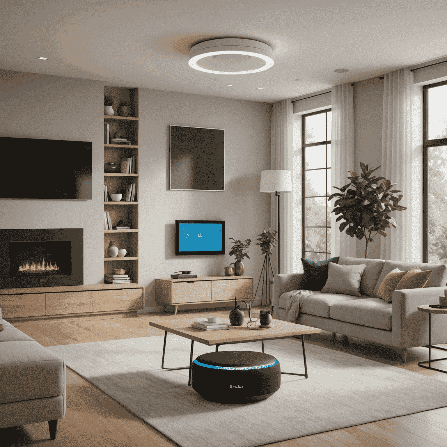 A modern living room with various smart home devices such as a smart speaker, thermostat, and lighting system, showcasing how these technologies integrate seamlessly into daily life