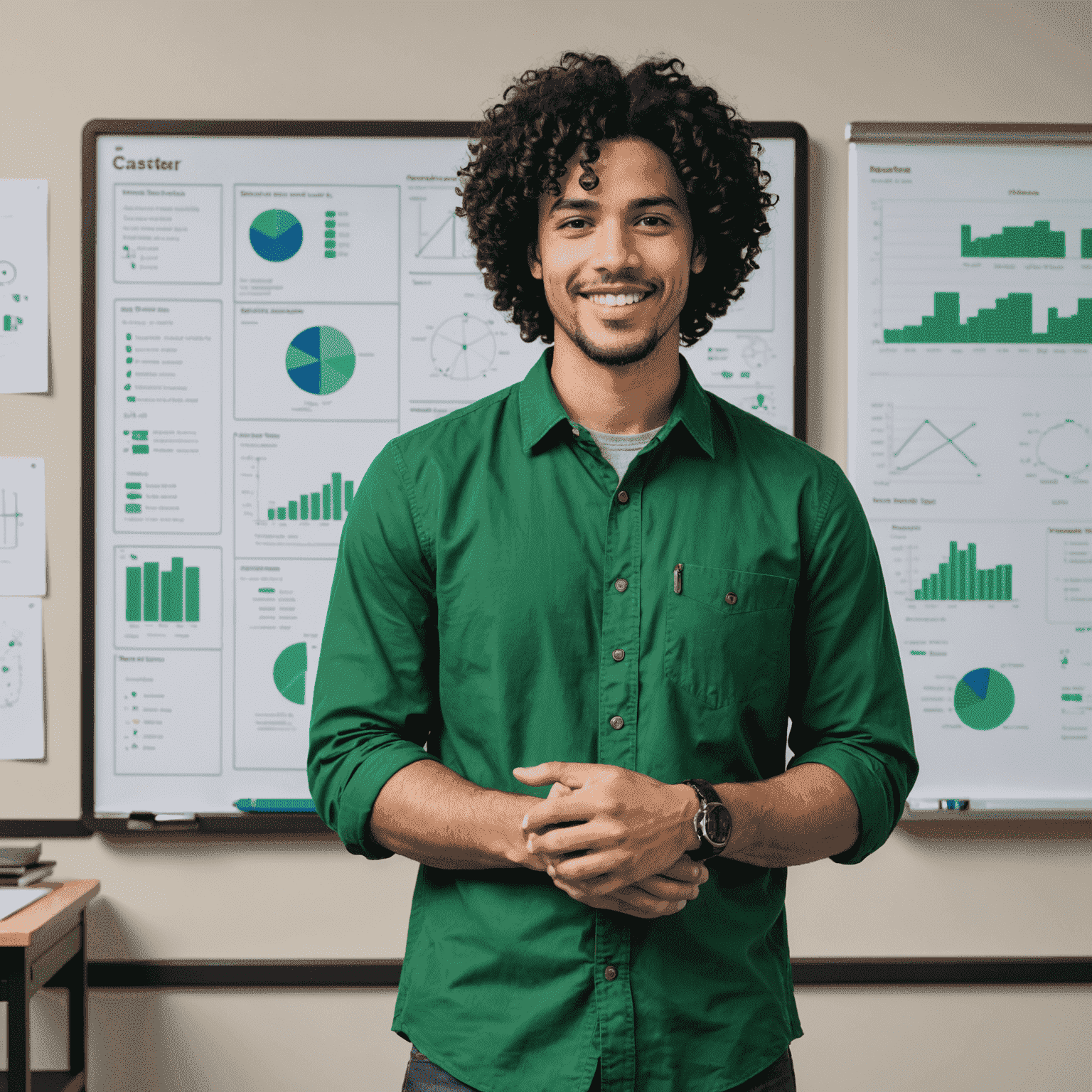 Portrait of James Carter, a man in his late 20s with curly black hair and a friendly smile. He is wearing a casual green shirt and is standing in front of a whiteboard filled with tech diagrams.