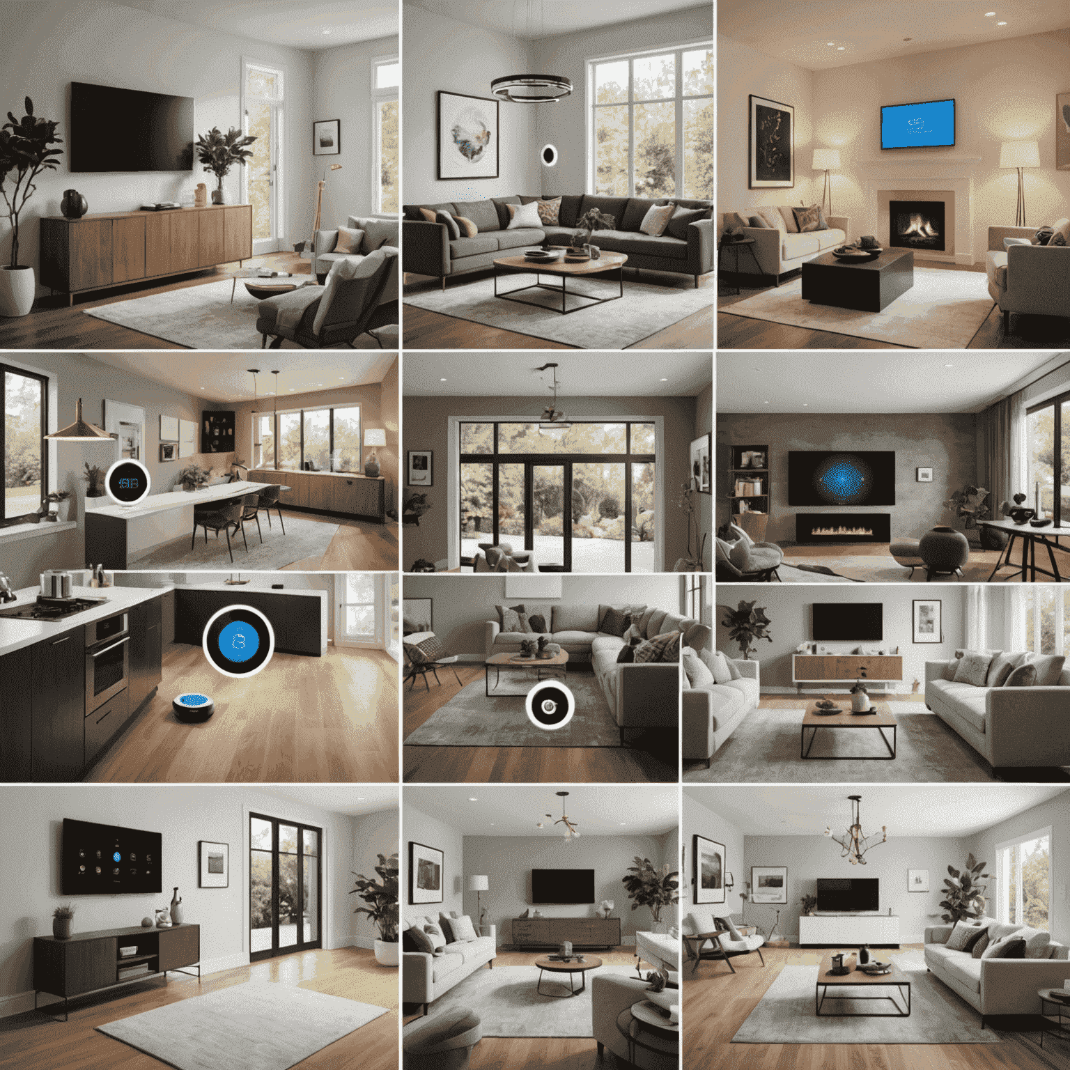 A collage of smart home devices including a smart thermostat, robot vacuum, smart lock, and voice-controlled lighting system, demonstrating their diverse applications in a modern home