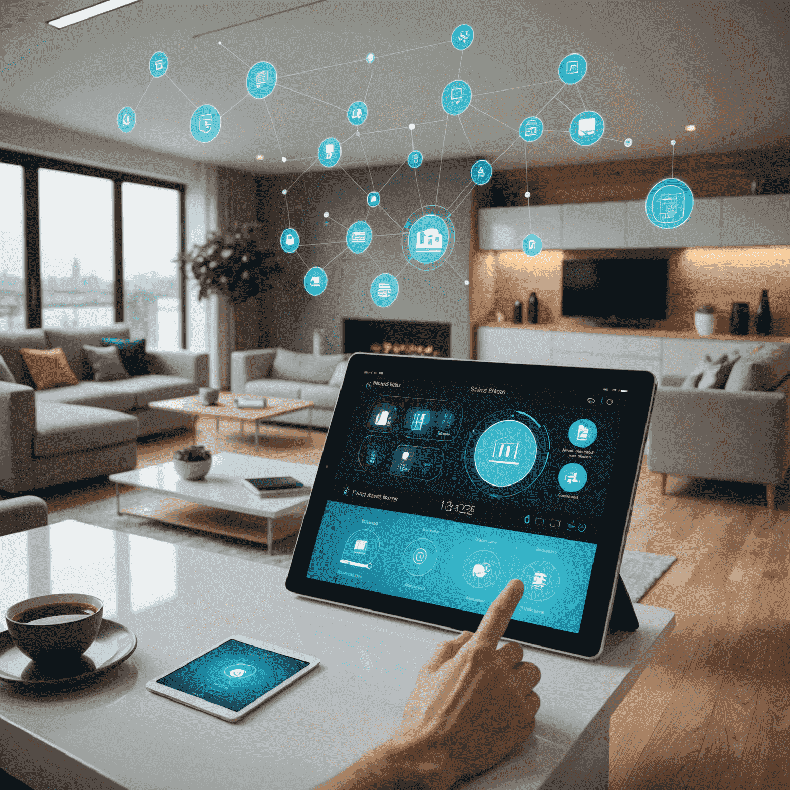 A futuristic smart home interface displayed on a tablet, showing various rooms and devices that can be controlled, representing the potential future of smart home technology