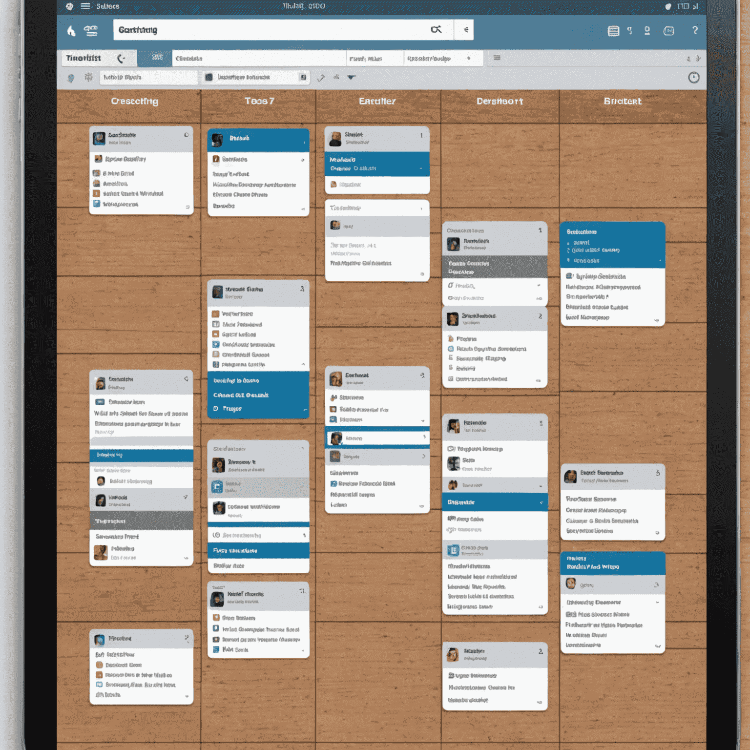 Trello board with multiple columns and cards representing different stages of a project workflow