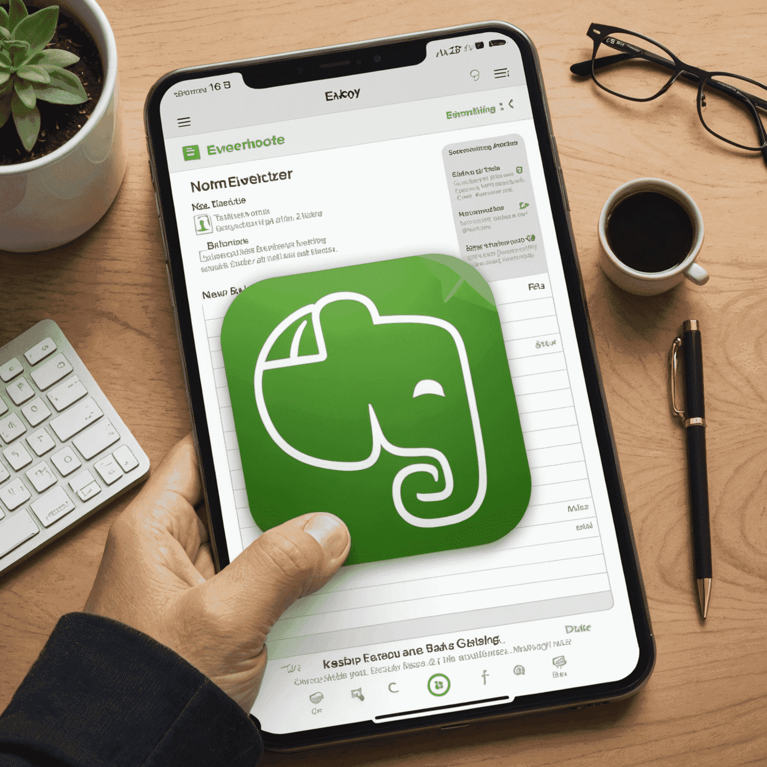 Evernote app showcasing note-taking features, tags, and organizational structure